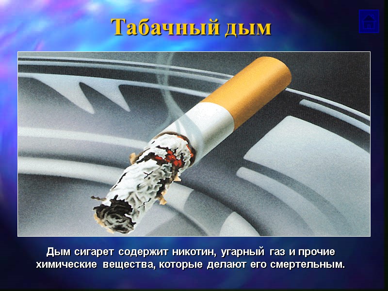 Табачный дым Дым сигарет содержит никотин, угарный газ и прочие химические вещества, которые делают